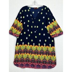 Retro Border Print Silky Mini Dress Size MED 3/4 Sleeve ISLE by Melis Kozan